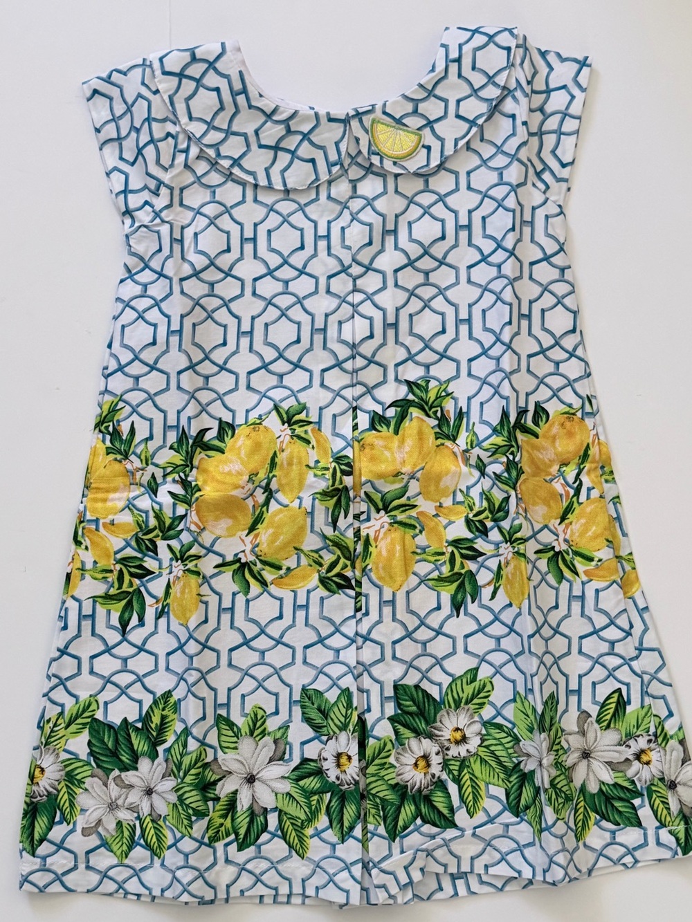 NWT Aomi Girls Lemon Print Sleeveless Dress Size 3-4Y Blue White Summer